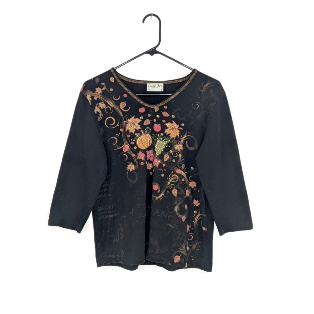 Y2K Fall/Harvest Bedazzled Rhinestone V Neck 3 Quarter Length Sleeve Fitted Tee